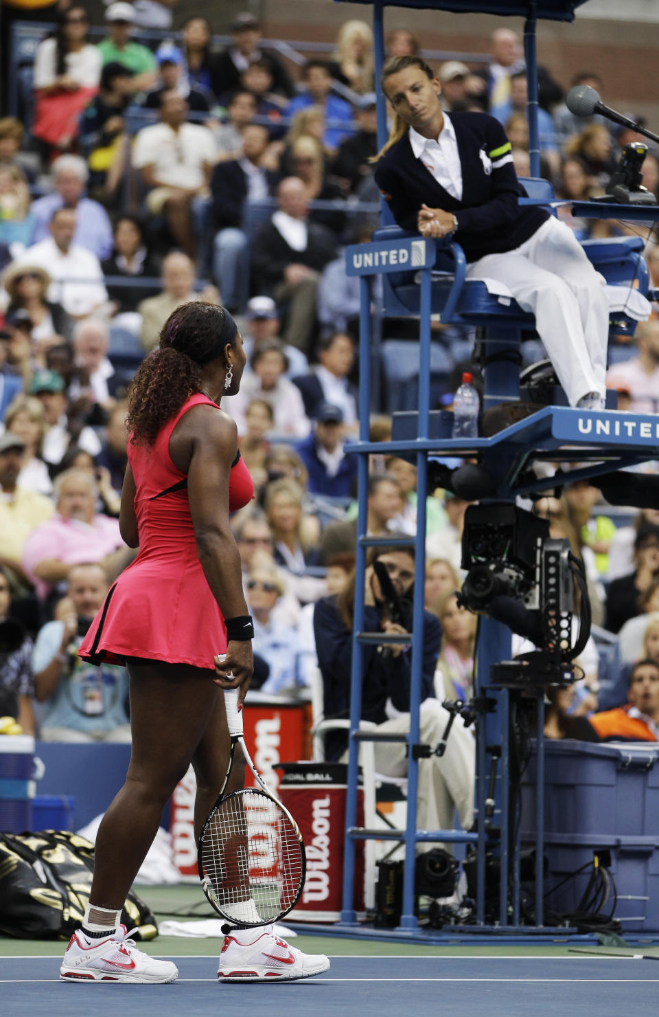 FILE - In this Sunday, Sept. 11, 2011, file photo, Serena Williams, left, argues with chair umpire Eva Asderaki during the women's championship match against Samantha Stosur of Australia at the U.S. Open tennis tournament in New York. Williams’ dispute with the chair umpire during the 2018 U.S. Open final is the latest issue she’s had with match officials at the Grand Slam tournament. (AP Photo/Matt Slocum, File)