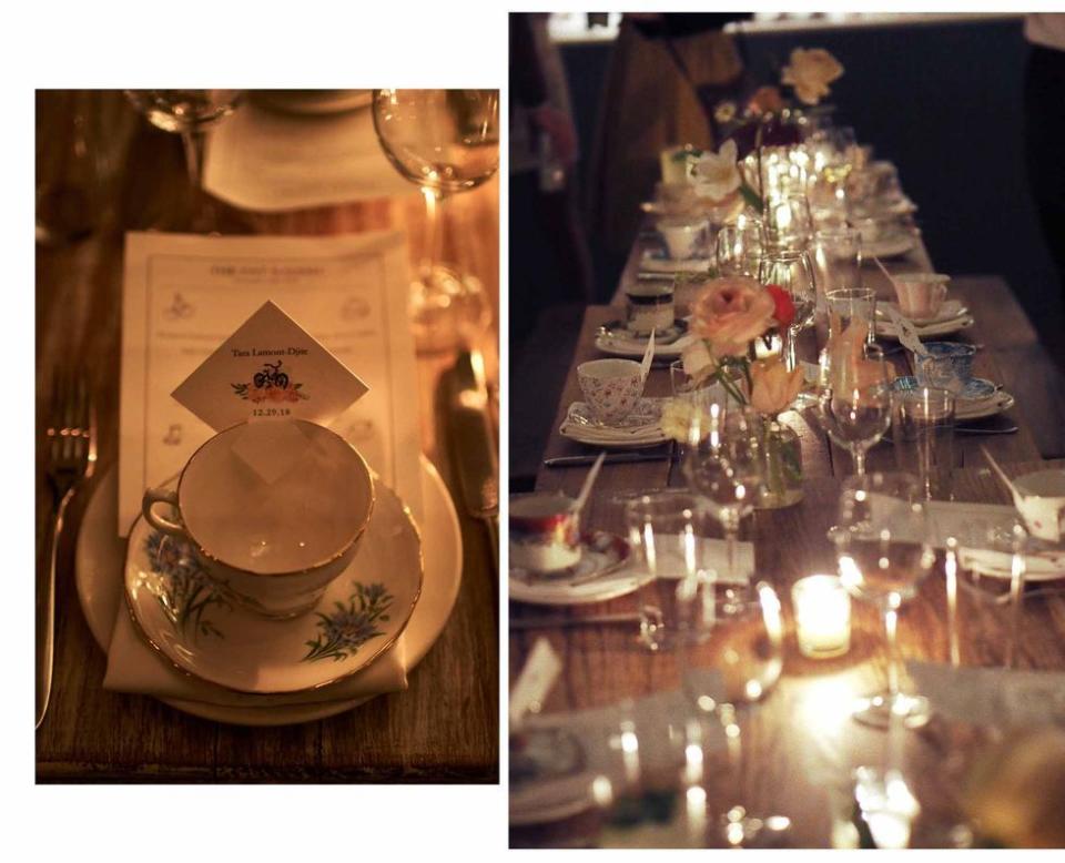 <p>Choose vintage objet as favors, tabletop, and as a way to guide your guests to their seats. Here, a vintage cup and saucer served as the way to guide the couple's loved ones to their assigned seats at an English-inspired, <a href="https://www.harpersbazaar.com/wedding/photos/a26372632/megan-reynolds-henry-connell-wedding-brooklyn-new-york/" rel="nofollow noopener" target="_blank" data-ylk="slk:intimate dinner party in New York City;elm:context_link;itc:0;sec:content-canvas" class="link ">intimate dinner party in New York City</a>.</p>