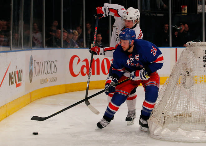 NEW YORK, NY - MAY 12: Ryan Callahan #24 of the New York Rangers fights for the puck behind the net in the second period against Nicklas Backstrom #19 of the Washington Capitals in Game Seven of the Eastern Conference Semifinals during the 2012 NHL Stanley Cup Playoffs at Madison Square Garden on May 12, 2012 in New York City. (Photo by Paul Bereswill/Getty Images)