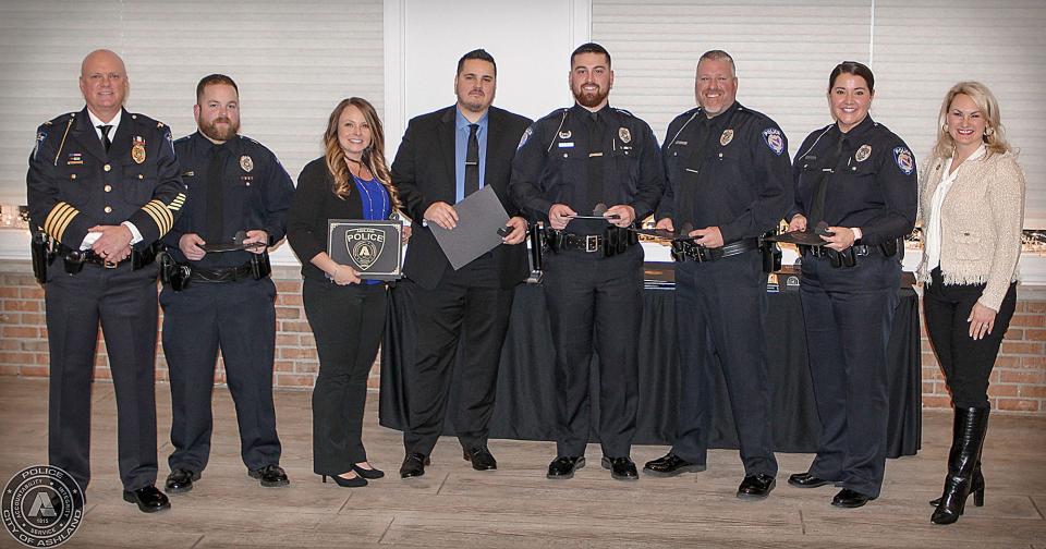 5 Years of Service L to R; Chief David Lay, Officer Alan Swaggard, Detective Kara Pearce, Detective Brad Scarl, Officer Adam Wolbert, Officer Adam Brock, Officer Leah Zeisler, State Rep. Melanie Miller