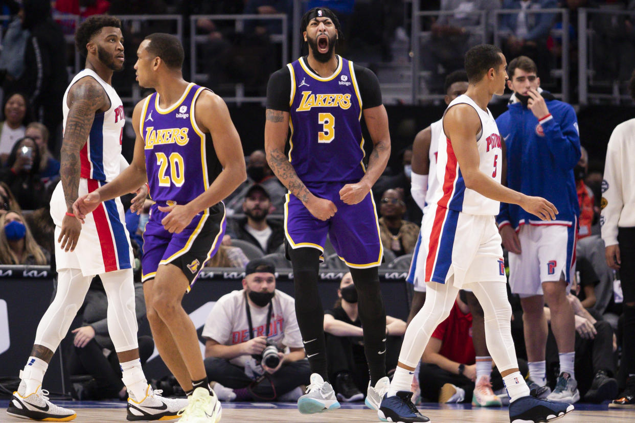 Los Angeles Lakers forward Anthony Davis yells out after a play against the Detroit Pistons.