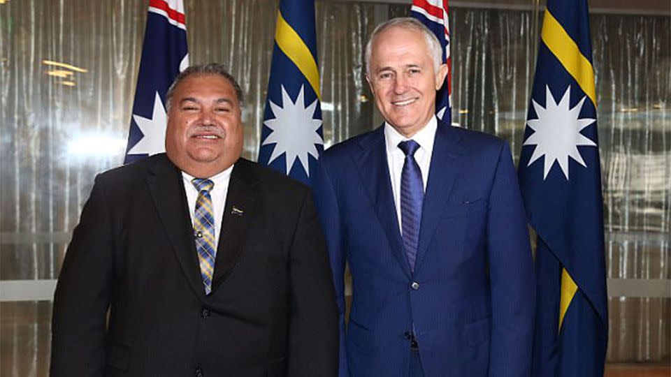 Nauru's President Baron Waqa and Prime Minister Malcolm Turnbull. Source: AP