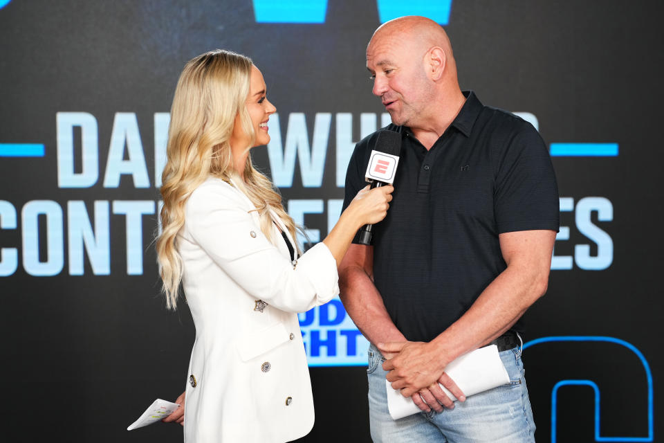 LAS VEGAS, NEVADA - AUGUST 13: UFC CEO Dana White announces the contract winners during Dana White's Contender Series season eight, week one on August 13, 2024 in Las Vegas, Nevada. (Photo by Chris Unger/Zuffa LLC)