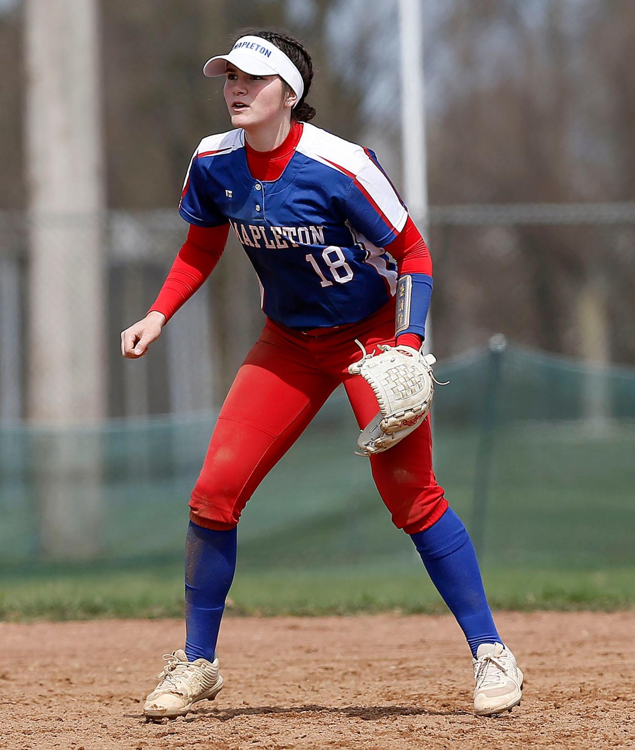 Mapleton High School's shortstop Heidi Earl (18) fields her position against Loudonville High School during high school softball action in the MVD Invitational Tournament Saturday, April 8, 2023 at Brookside West Park. TOM E. PUSKAR/ASHLAND TIMES-GAZETTE