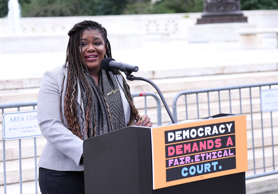 Rep. Cori Bush, D-Mo., speaks at an outdoor press conference.