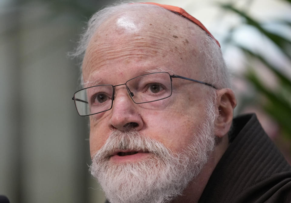 Boston Cardinal Seán Patrick O'Malley, head of the Pontifical Commission for the Protection of Minors, speaks at a press conference at The Vatican, Friday, April 29, 2022, after meeting with Pope Francis. Pope Francis called Friday for Catholic bishops conferences to create special centers to welcome victims of clergy sexual abuse to help them find healing and justice, as he warned that the faithful would continue losing trust in the hierarchy without more transparency and accountability. (AP Photo/Andrew Medichini)