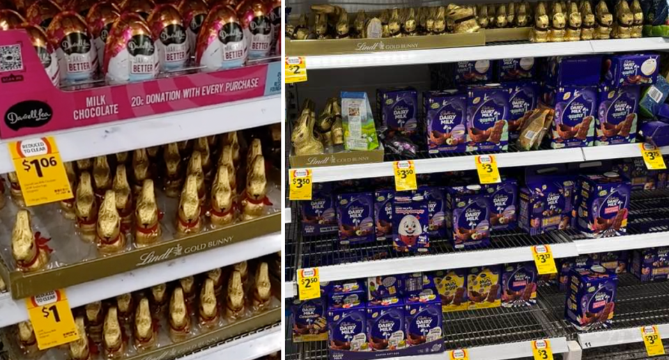 Lindt bunnies are priced at $1 at Coles (left) and $2 as well as Easter egg boxes marked down to $3 (right).