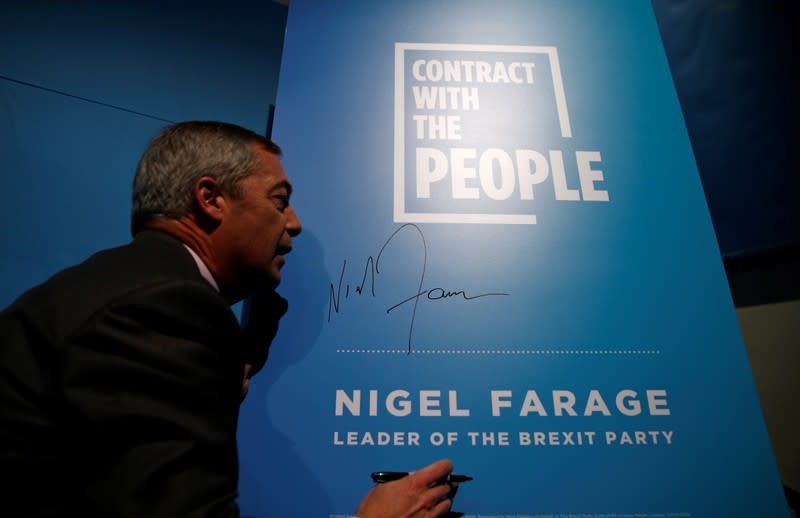 Brexit Party leader Nigel Farage speaks at the launch of the party's policy launch in London