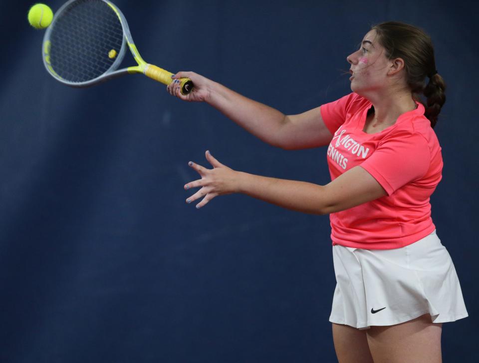 Arlington's Alex Thut during the second doubles match against Roy C. Ketcham's Julia Leonetti and Camryn Dorsman at Cross Court Tennis Club in Wappingers Falls on October 4, 2022. 