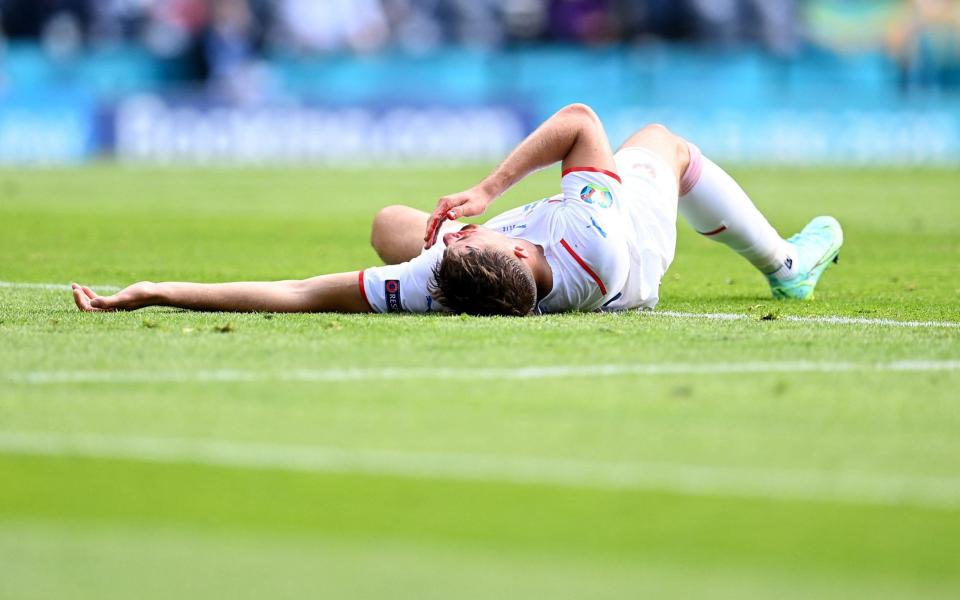 Czech Republic's forward Patrik Schick reacts in pain after a challenge during the UEFA EURO 2020 Group D football match between Croatia and Czech Republic at Hampden Park in Glasgow on June 18, 202 - PAUL ELLIS/POOL/AFP via Getty Images)