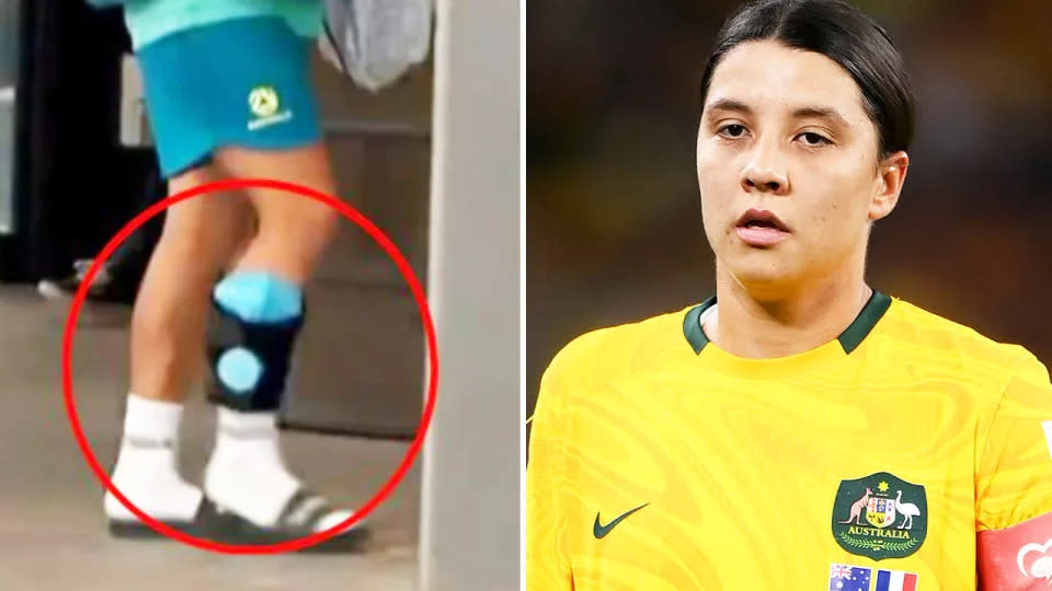 Matildas captain Sam Kerr has been spotted with strapping and ice on the opposite calf to the one that's troubled her at the World Cup. Pic: Channel 9/Getty