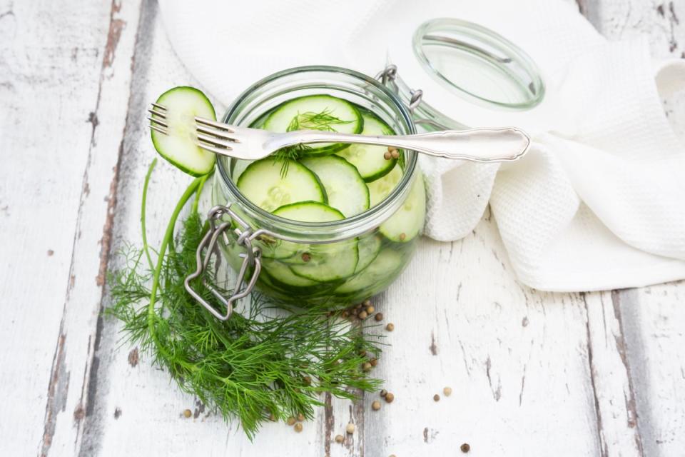 <p>Cucumbers are mostly made of water so they fill you up without loading you up with fat and calories. It might help to slice one up in the morning and nibble on pieces throughout the day when you get the urge to snack. For even more ideas, check out these tasty <a href="https://www.prevention.com/food-nutrition/recipes/g20491804/farmers-market-recipe-finder-cucumbers/" rel="nofollow noopener" target="_blank" data-ylk="slk:cucumber recipes;elm:context_link;itc:0;sec:content-canvas" class="link ">cucumber recipes</a>.</p>