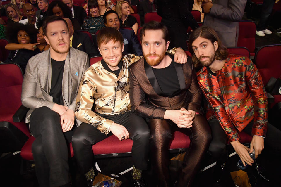 LOS ANGELES, CA - NOVEMBER 19:  Dan Reynolds, Ben McKee, Daniel Platzman and Daniel Wayne Sermon of Imagine Dragons pose during the 2017 American Music Awards at Microsoft Theater on November 19, 2017 in Los Angeles, California.  (Photo by Jeff Kravitz/AMA2017/FilmMagic for dcp)