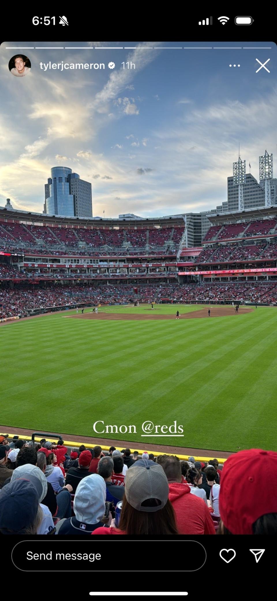 Bachelor Nation fan favorite, Tyler Cameron, posted photos from Great American Ball Park on his Instagram story Friday night.