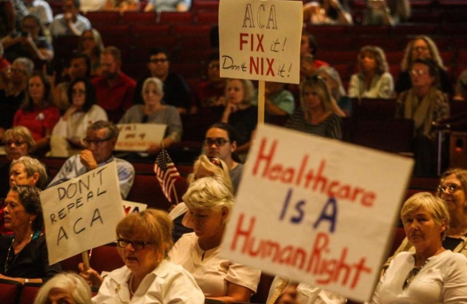 A mixed crowd met Ron DeSantis at a town hall at Bethune-Cookman University in Daytona Beach in March 2017, when the Affordable Care Act faced repeal by a Republican-controlled House and Senate. DeSantis' voice was drowned out by the voices of opponents and supporters.