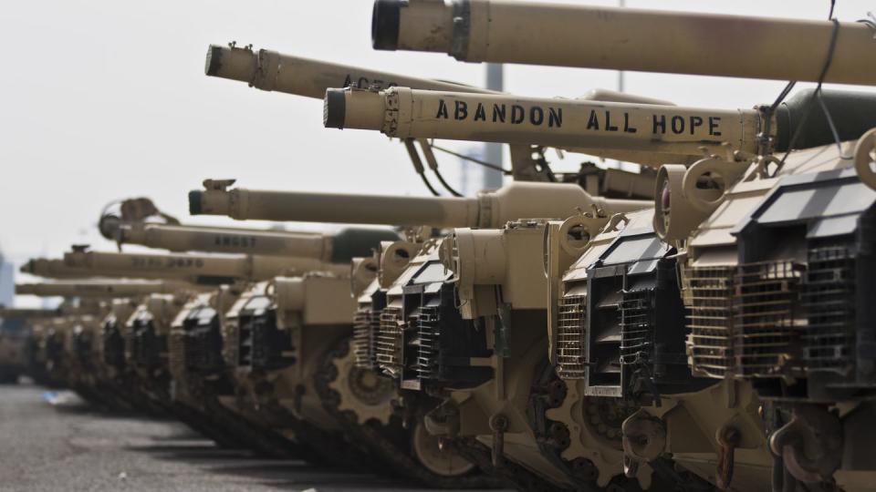 M1A2 Abrams tanks await loading at the Port of Shuaiba, Kuwait on Jan. 30, 2017. (Staff Sgt. Dalton Smith/Army)