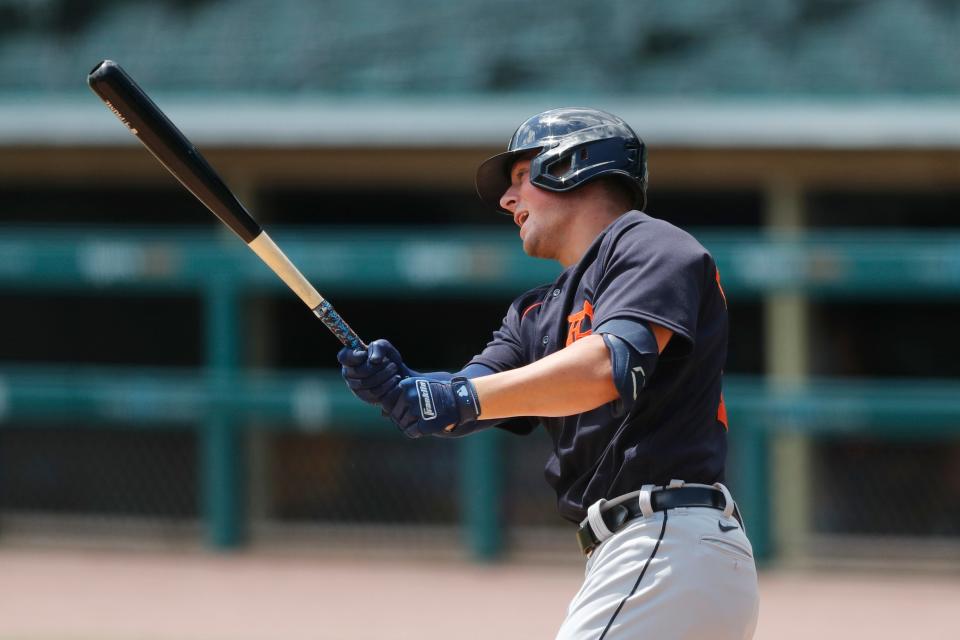 Detroit Tigers' Spencer Torkelson bats during an intrasquad game, Monday, July 20, 2020 at Comerica Park.