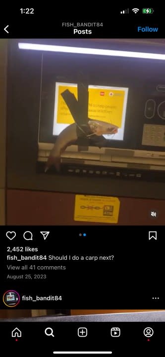 This is a screenshot showing an Instagram post where a fish is taped to an ATM.