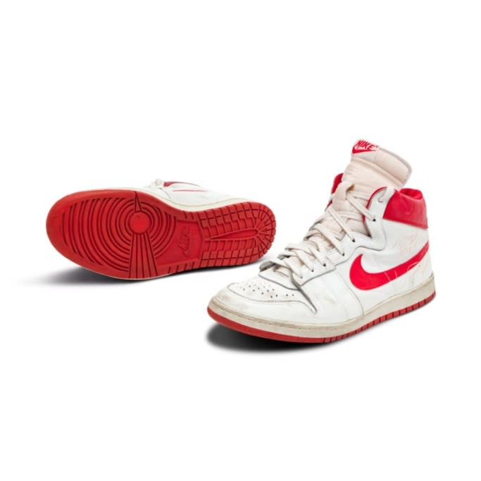 Another look at the vintage 1984 white and red high-top sneakers. - Credit: Courtesy of Sotheby's