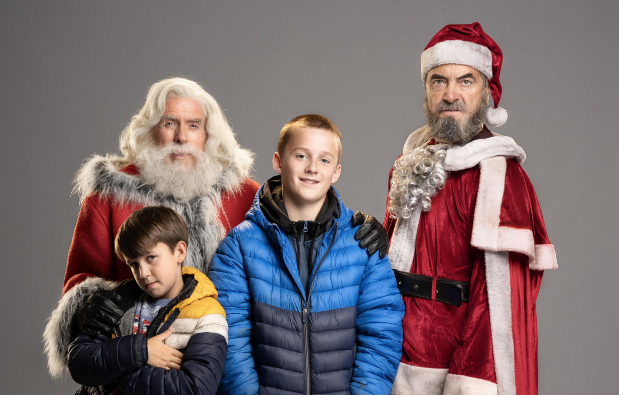 Timothy Spall as Santa Claus, Bamber Todd as Mikey, Joshua McLees as Sean, James Nesbitt as Bank Robber in The Heist Before Christmas. (Sky)