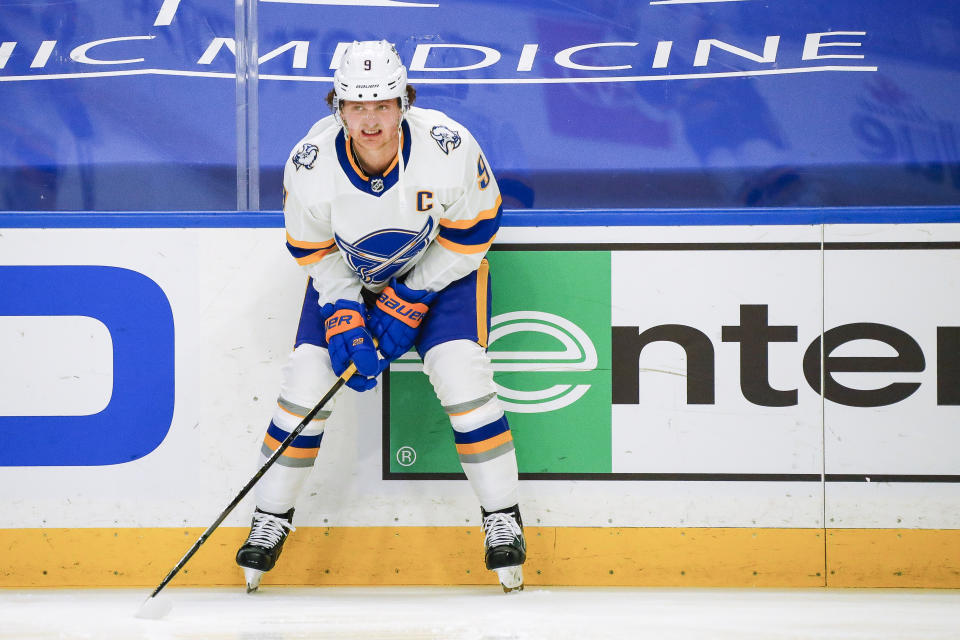 BUFFALO, NY - JANUARY 31: Buffalo Sabres center Jack Eichel (9) appears to be grimacing during warmups prior to the New Jersey Devils and Buffalo Sabres NHL game on February 25, 2021, at KeyBank Center in Buffalo, NY. (Photo by John Crouch/Icon Sportswire via Getty Images)