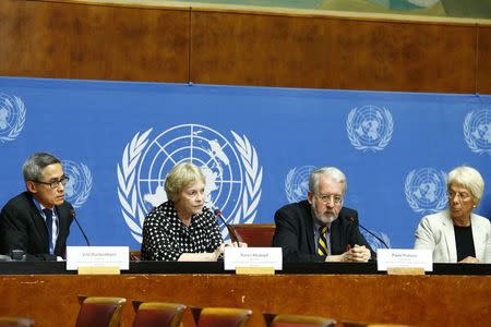 From L-R: Vitit Muntarbhorn, Karen Koning AbuZayd, Chief investigator Paulo Pinheiro and Carla del Ponte, of the Independent International Commission of Inquiry on the Syrian Arab Republic, attend a news conference at the United Nations headquarters in Geneva August 27, 2014. REUTERS/Pierre Albouy