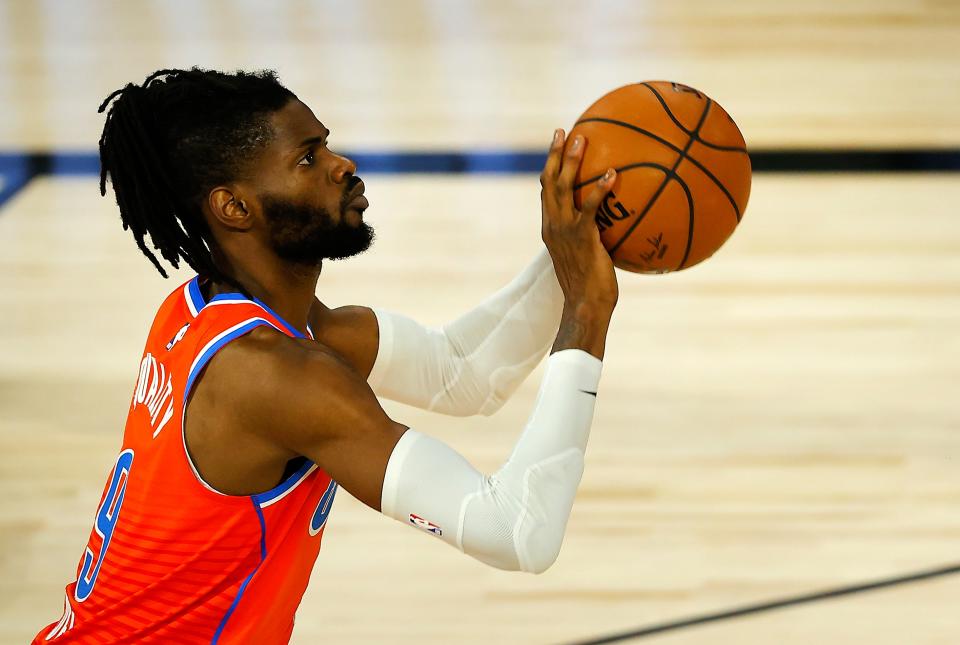 Aug 14, 2020; Lake Buena Vista, Florida, USA; Nerlens Noel #9 of the Oklahoma City Thunder shoots the ball during the first quarter against the LA Clippers at The Field House at ESPN Wide World of Sports Complex