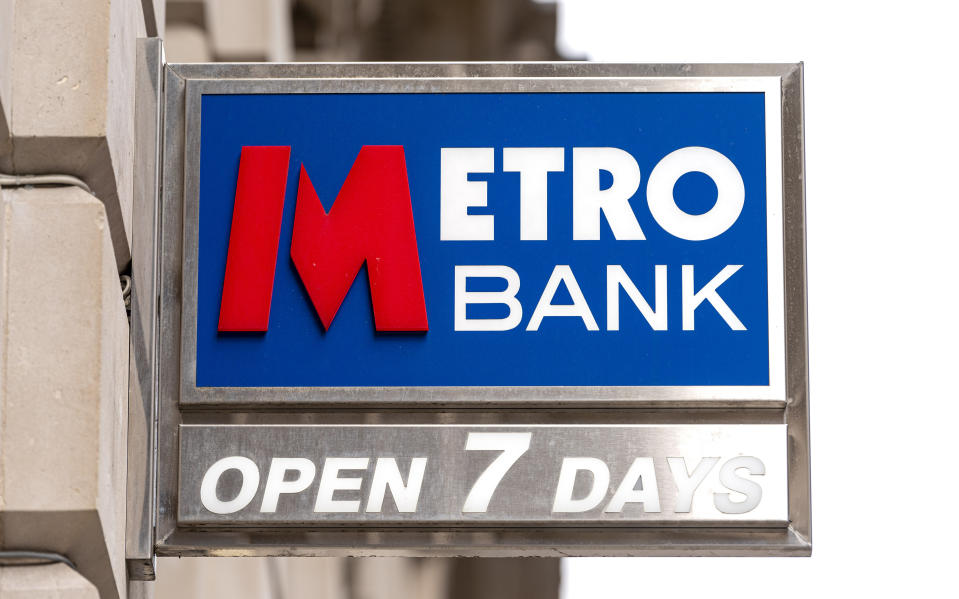 LONDON, UNITED KINGDOM - 2020/06/04: Metro Bank logo seen one at one of their branches. (Photo by Dave Rushen/SOPA Images/LightRocket via Getty Images)
