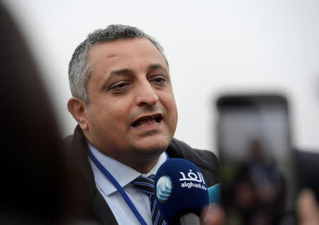 Marwan Dammaj, Yemen's Minister of Culture, speaks to media during the peace talks on Yemen held at Johannesberg Castle, in Rimbo, Sweden, December 7, 2018. TT News Agency/Janerik Henriksson via REUTERS