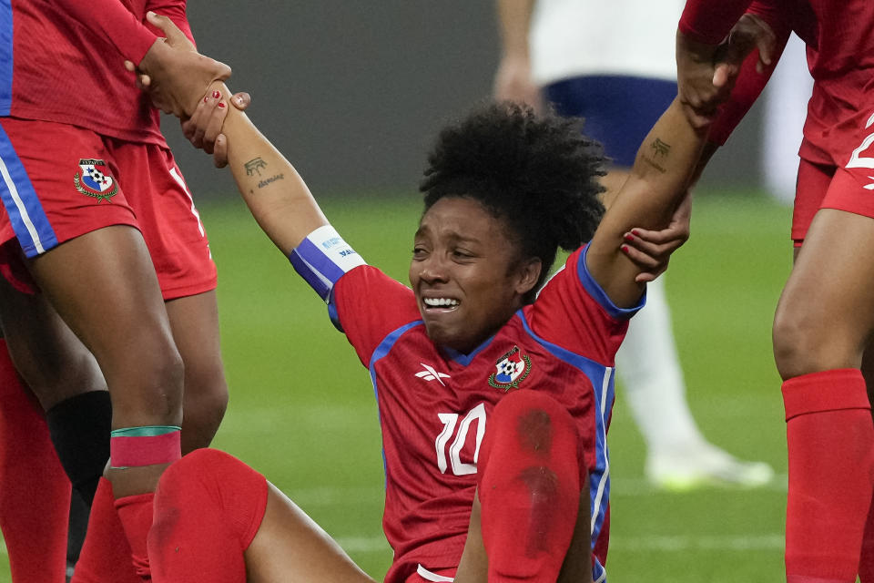 Panama's Marta Cox is overwhelmed by emotion after scoring her side's first goal during the Women's World Cup Group F soccer match between France and Panama at the Sydney Football Stadium in Sydney, Australia, Wednesday, Aug. 2, 2023. (AP Photo/Mark Baker)