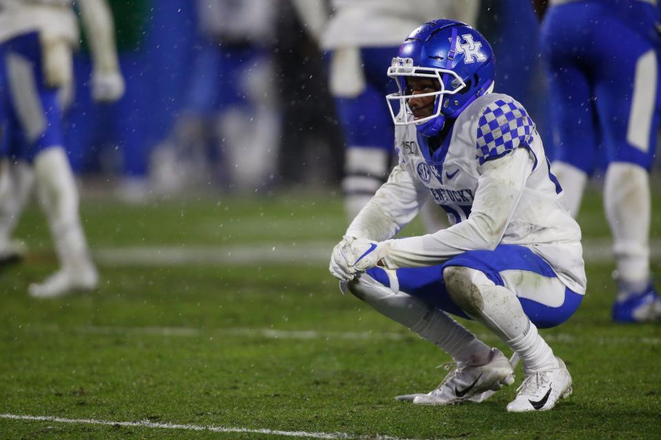 Kentucky defensive back Cedrick Dort Jr. takes a moment after failing to stop Georgia running back D'Andre Swift during the second half of an NCAA college football game Saturday, Oct. 19, 2019, in Athens, Ga. (Joshua L. Jones/Athens Banner-Herald via AP)