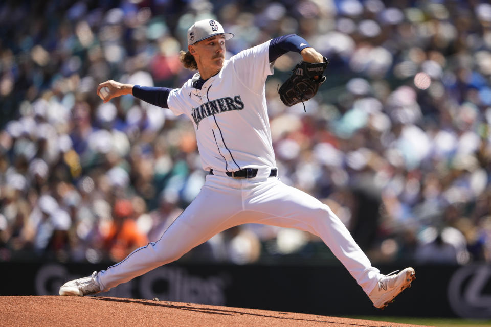 Seattle Mariners starting pitcher Bryce Miller throws against the Baltimore Orioles during the first inning of a baseball game Thursday, July 4, 2024, in Seattle. (AP Photo/Lindsey Wasson)