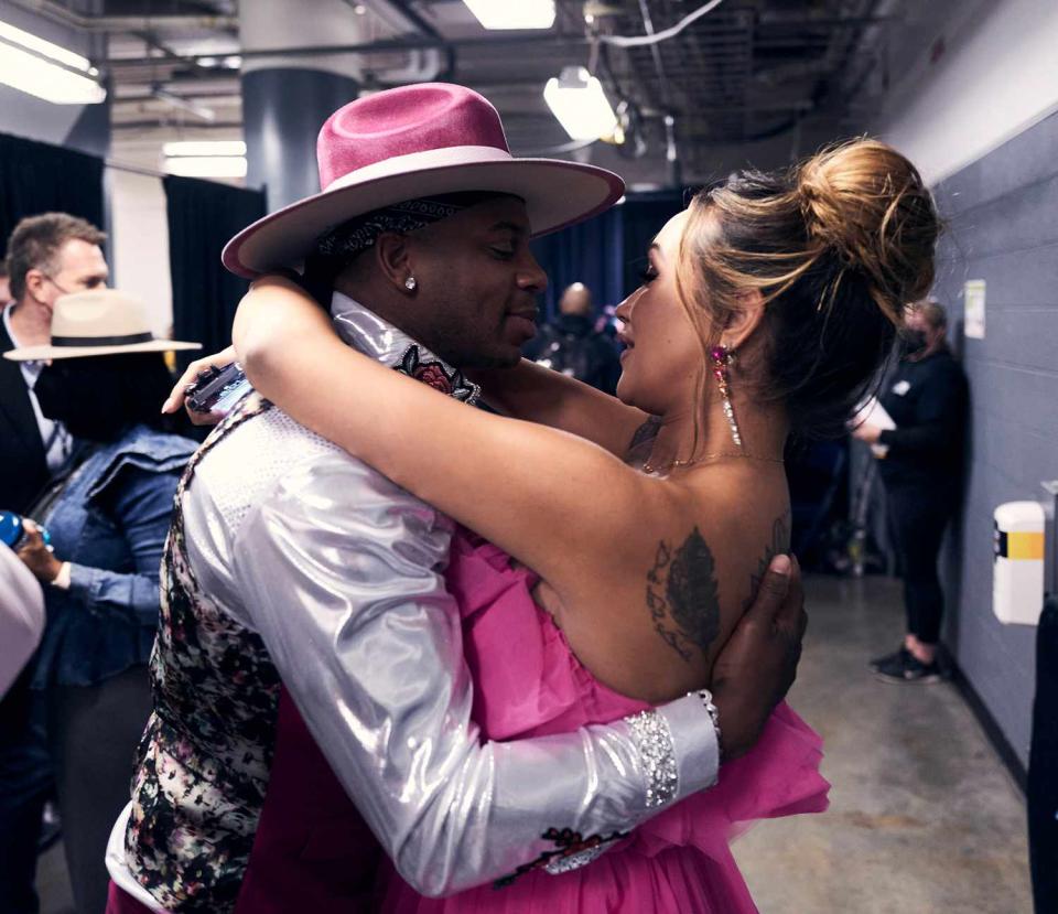 Jimmie Allen and Alexis Allen backstage during the 55th annual Country Music Association awards at the Bridgestone Arena on November 10, 2021 in Nashville, Tennessee