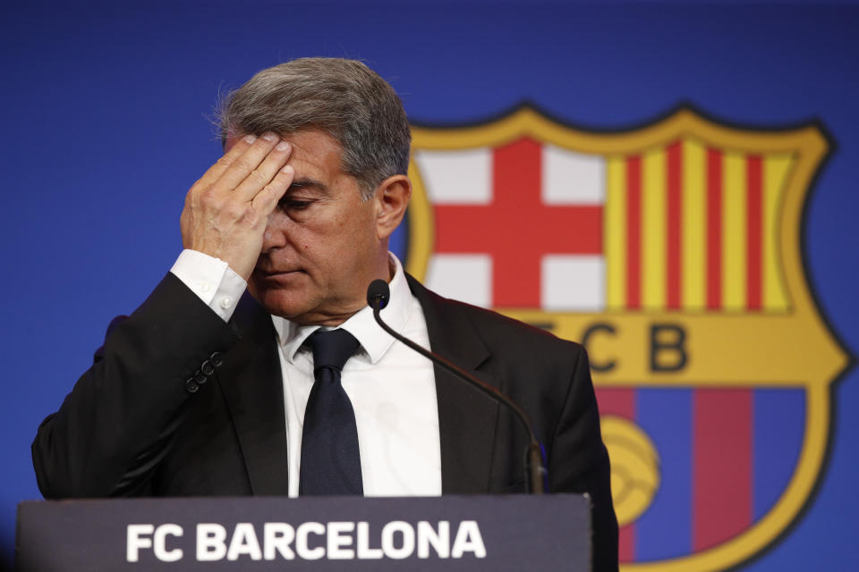 Soccer Football - FC Barcelona Press Conference - Auditorium 1899 near the Camp Nou, Barcelona, Spain - May 28, 2021 FC Barcelona president Joan Laporta during the press conference REUTERS/Albert Gea