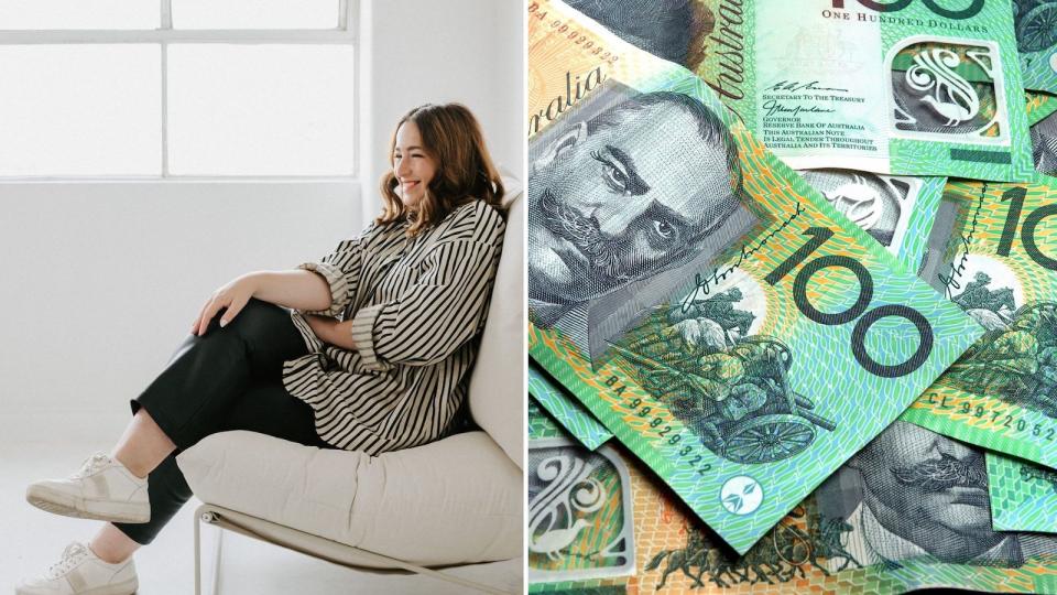 Compilation image of Emma sitting on a chair and pile of $100 notes to represent money regrets