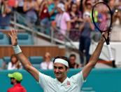 Mar 31, 2019; Miami Gardens, FL, USA; Roger Federer of Switzerland celebrates after defeating John Isner of the United States (not pictured) during the men’s finals at the Miami Open at Miami Open Tennis Complex. Steve Mitchell-USA TODAY Sports