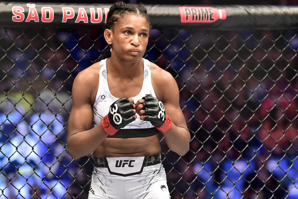 Nov 4, 2023; Sao Paulo, Brazil; Angela Hill (red gloves) prepares to fight Denise Gomes (not pictured) during UFC Fight Night at Ibirapuera Arena. Mandatory Credit: Jason da Silva-USA TODAY Sports