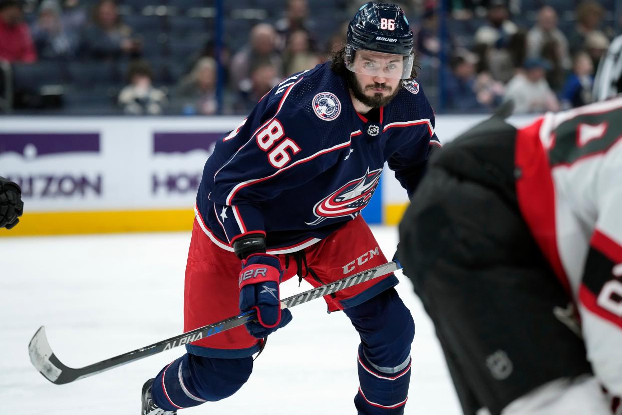 Apr 2, 2023; Columbus, Ohio, USA; Columbus Blue Jackets right wing Kirill Marchenko (86) skates after the puck against Ottawa Senators during the third period of the NHL game at Nationwide Arena. 