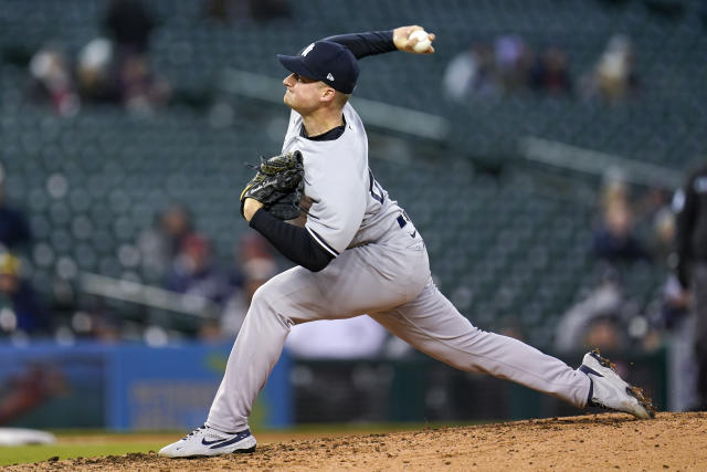 TAMPA, FL - FEBRUARY 29: New York Yankees starting pitcher Gerrit Cole (45)  delivers a pitch during the MLB Spring Training game between the Detroit  Tigers and New York Yankees on February