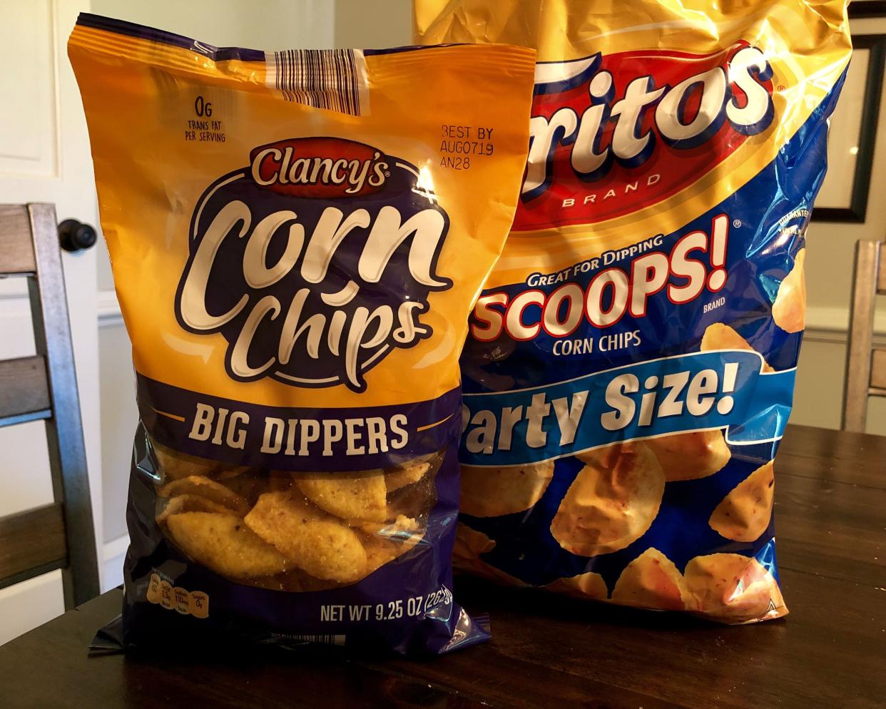 frito scoops and aldi brand corn chip bags