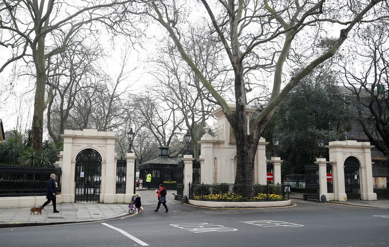 FILE PHOTO: The entrance to Kensington Palace Gardens is seen in London
