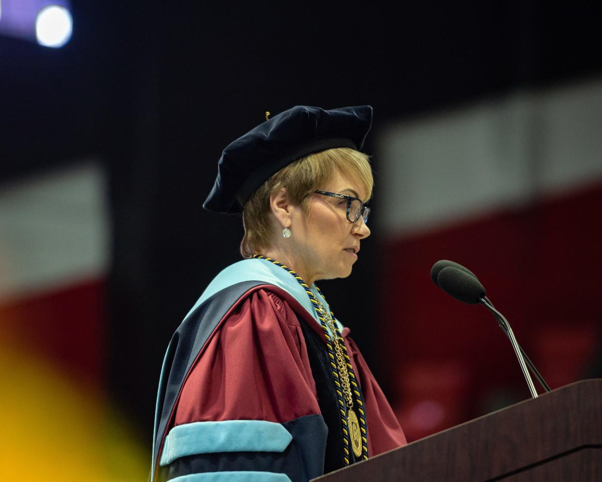 Laura Casamento, president of the University, delivers an opening and welcome speech during the 73rd Utica University undergraduate Commencement Ceremony at the Adirondack Bank Center in Utica on Thursday, May 12, 2022.