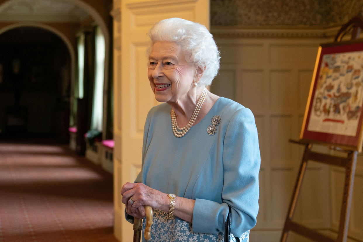 Britain's Queen Elizabeth II celebrates the start of the Platinum Jubilee at a reception in the Ballroom of Sandringham House, the Queen's Norfolk residence on February 5, 2022. - Queen Elizabeth II on Sunday will became the first British monarch to reign for seven decades, in a bittersweet landmark as she also marked the 70th anniversary of her father's death. (Photo by Joe Giddens / POOL / AFP) (Photo by JOE GIDDENS/POOL/AFP via Getty Images)