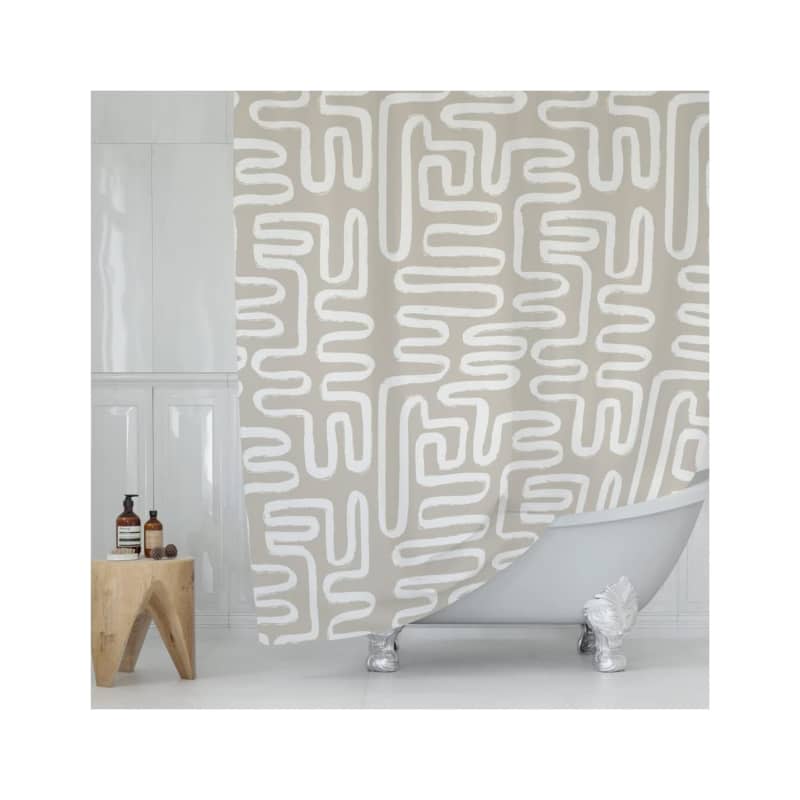 Beige White Abstract Print Shower Curtain