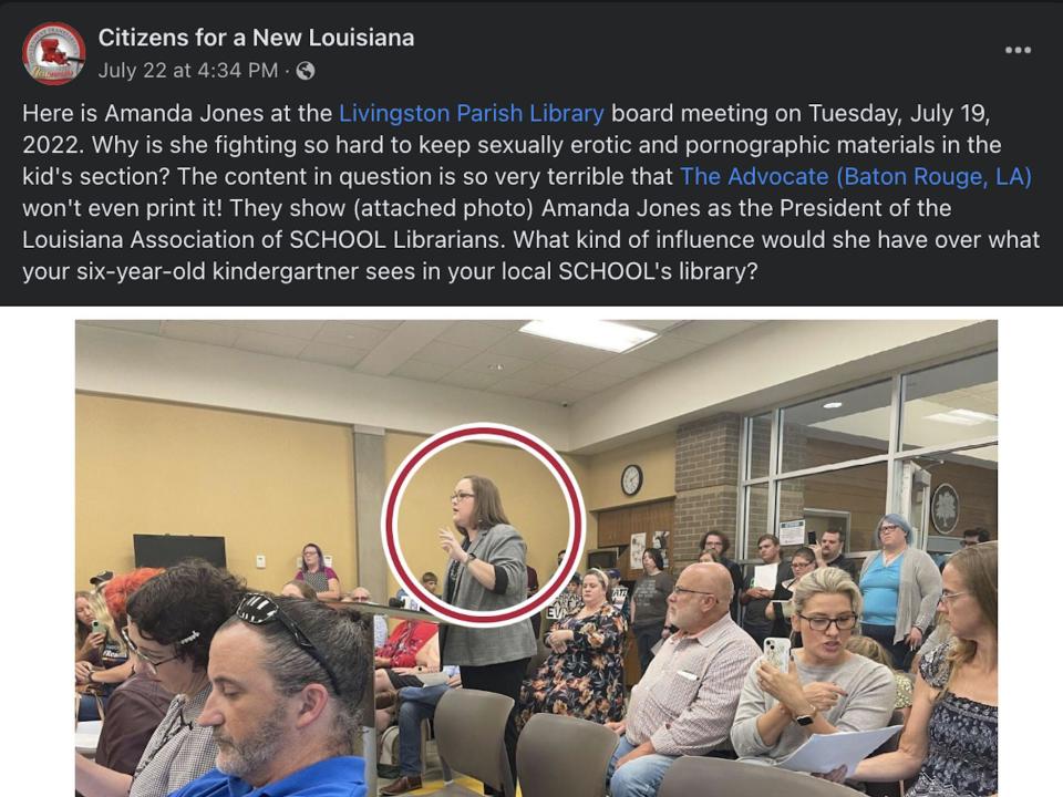 A screenshot of a Facebook post by Citizens for a New Louisiana, circling an image of Amanda Jones, posted on July 22 2022