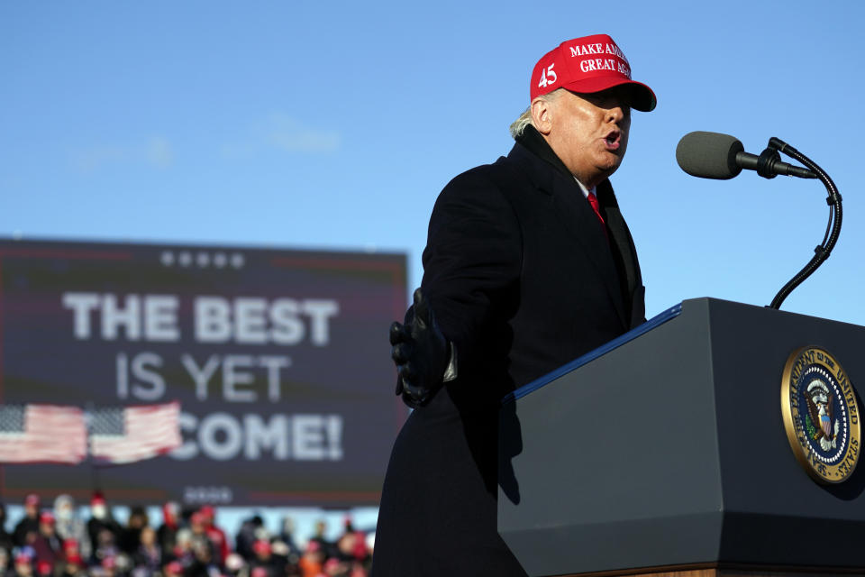 President Donald Trump speaks during a campaign rally at Wilkes-Barre Scranton International Airport on Nov. 2, 2020, in Avoca, Pa. (Evan Vucci/AP)                                                                                                                                                                 