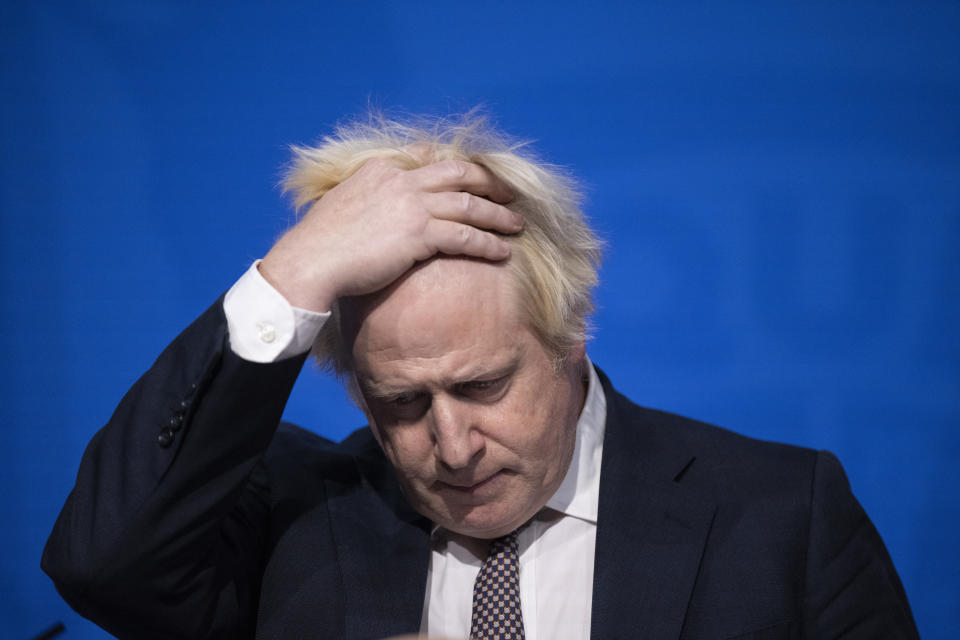 LONDON, ENGLAND - NOVEMBER 27: Prime Minister Boris Johnson speaks during a press conference after cases of the new Covid-19 variant were confirmed in the United Kingdom on November 27, 2021 in London, England. UK authorities confirmed today that two cases of the new Omicron Covid-19 variant, which had prompted a flurry of travel bans affecting several countries in Southern Africa, were found in the UK. (Photo by Jeff Gilbert - Pool/Getty Images)