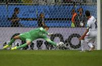 Goalkeeper Tim Krul of the Netherlands saves a shot by Costa Rica's Bryan Ruiz during a penalty shootout in their 2014 World Cup quarter-finals at the Fonte Nova arena in Salvador July 5, 2014. REUTERS/Michael Dalder