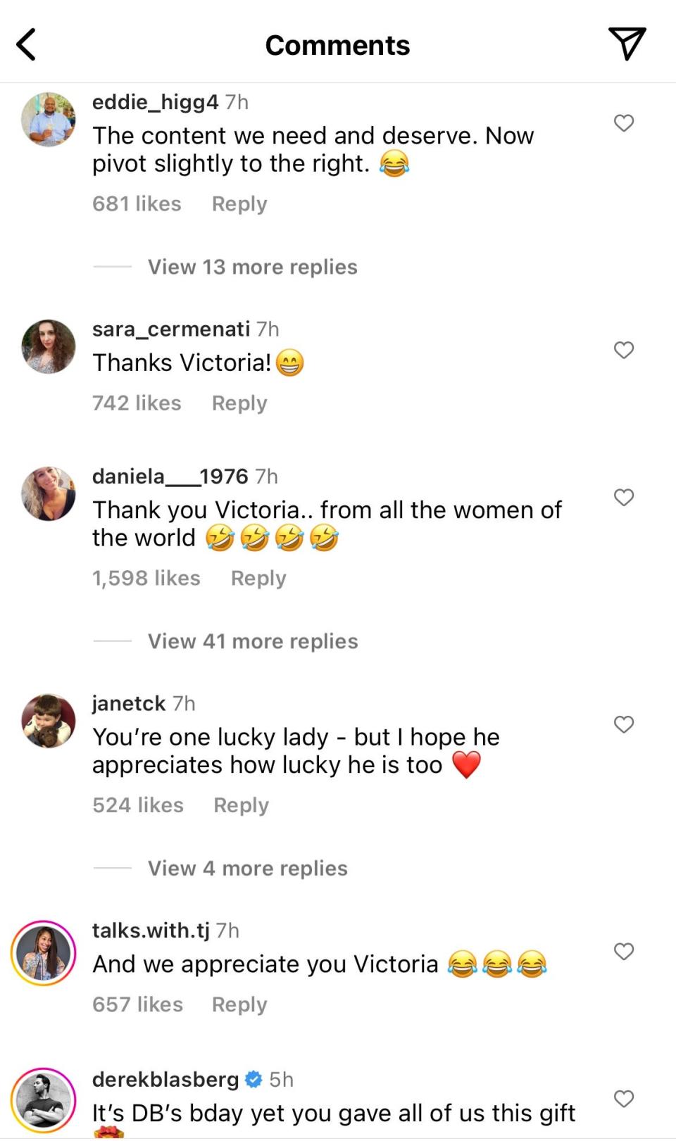 A screenshot of the comments left on Victoria Beckham's birthday post for husband David.