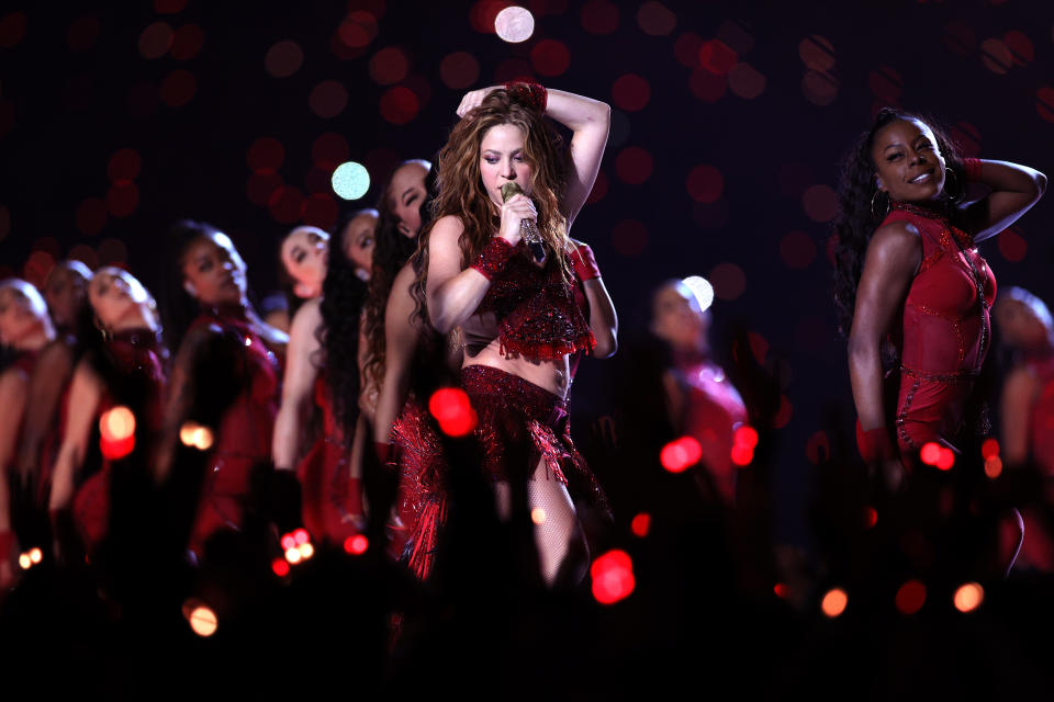 Colombian singer Shakira performs during the Pepsi Super Bowl LIV Halftime Show at Hard Rock Stadium on February 02, 2020 in Miami, Florida. (Photo by Jamie Squire/Getty Images)